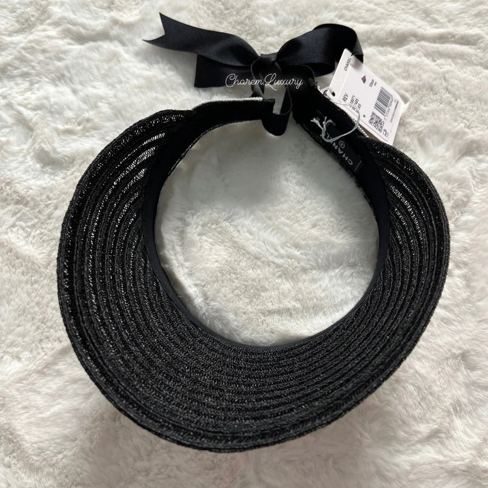 Brand NEW! 🖤 Chanel Sun Visor CC gold Logo 🖤 black white trim M Size Women Hat - Picture 5 of 8